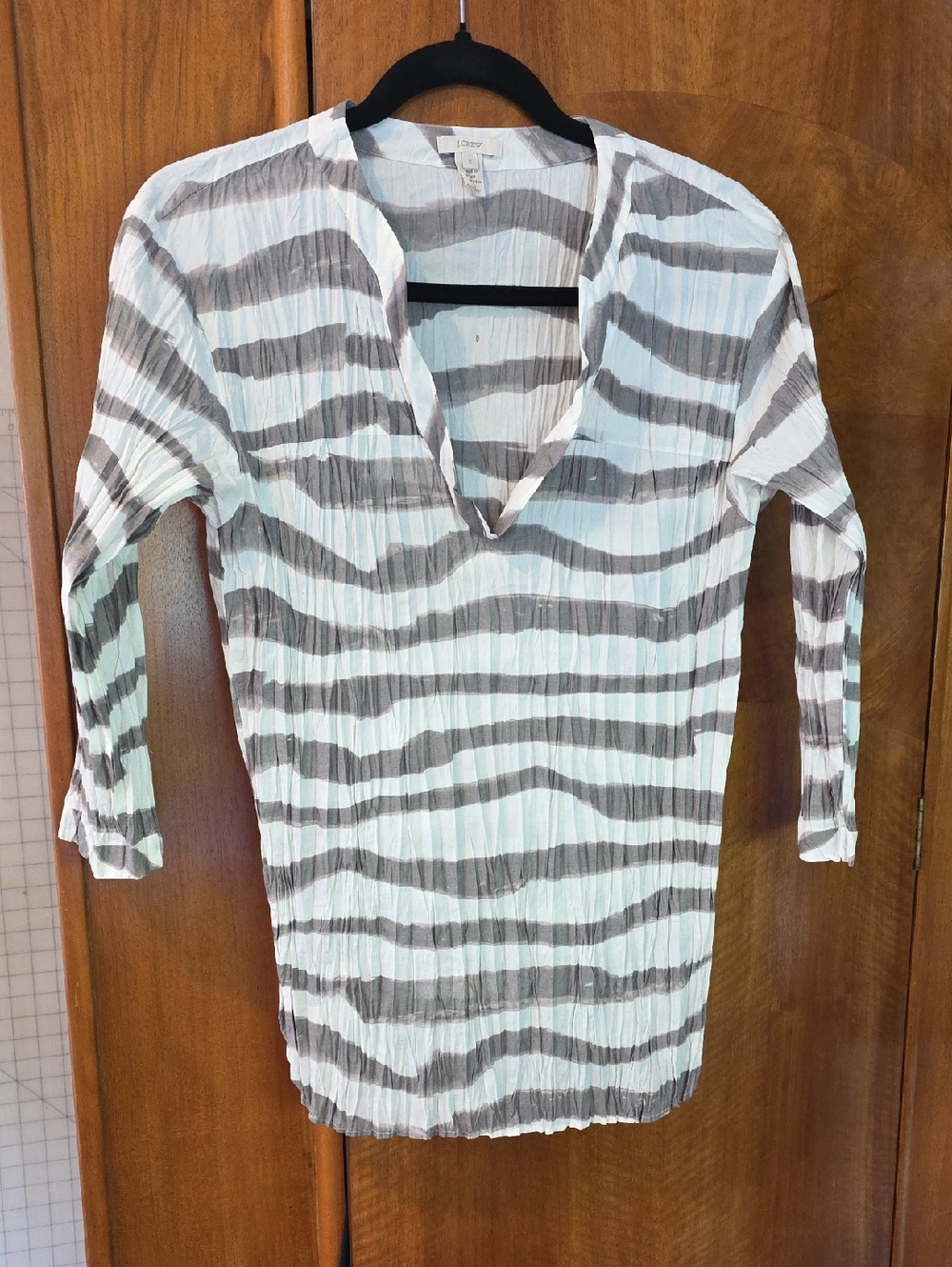 J. Crew Crinkled Cotton V-Neck Tunic in White and Gray Stripes
